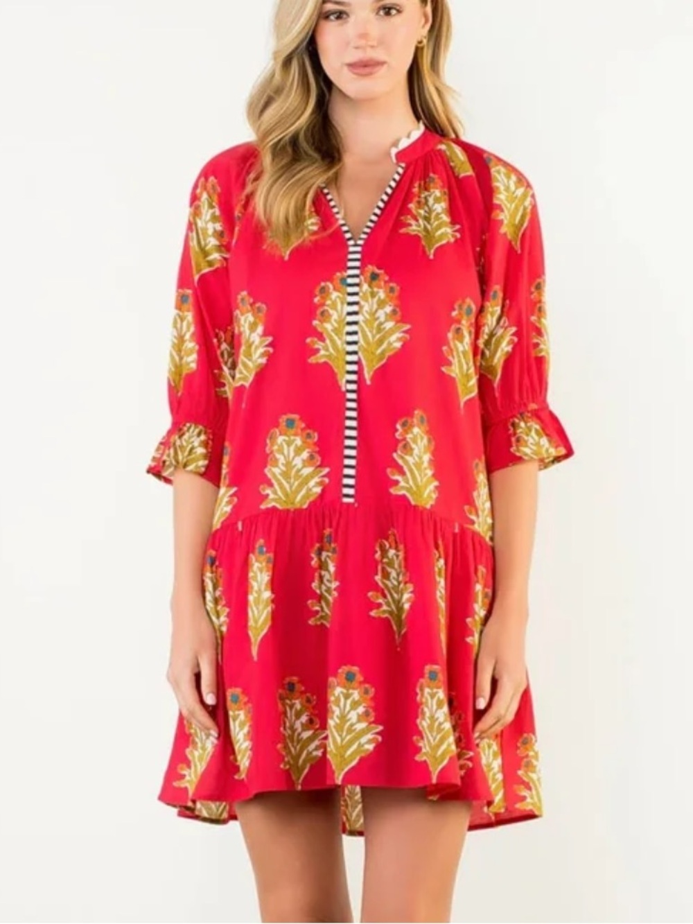 THML blockprint red popover Shift Dress M
